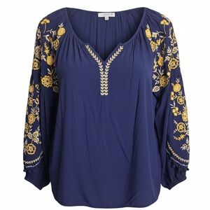 Solitaire navy blouse with yellow floral embroidery